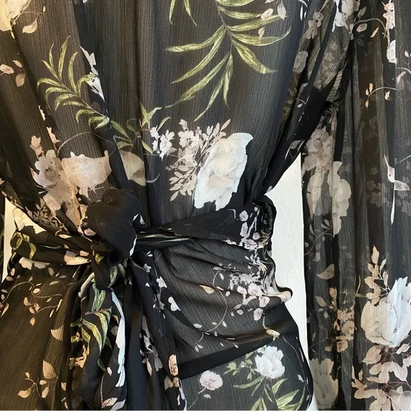 Sheer black floral high neck tie waist blouse - Picture 7 of 15